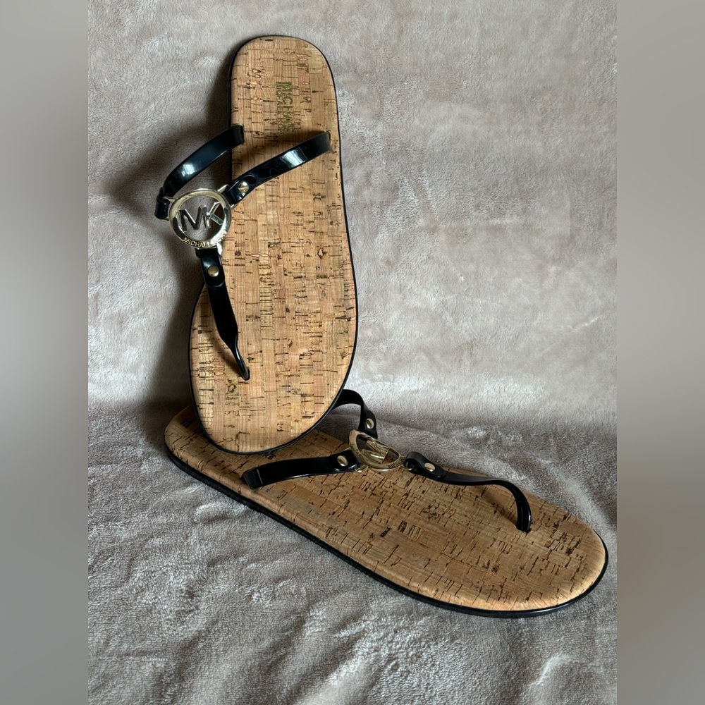 Michael Kors Black Gold Logo and Tan Cork Sandals Women’s 9
